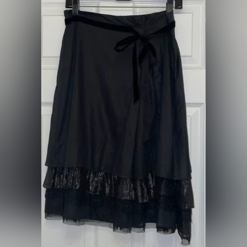 Free People Women's Black & Silver Tiered Ruffle Hem Midi Skirt